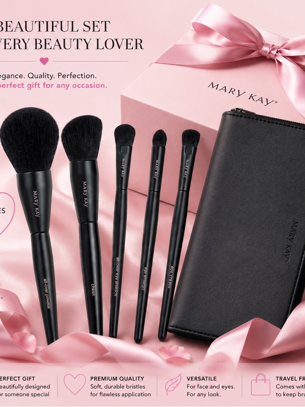 Mary Kay Black Makeup Brush Set with Pink Gift Box and Black Case NEW